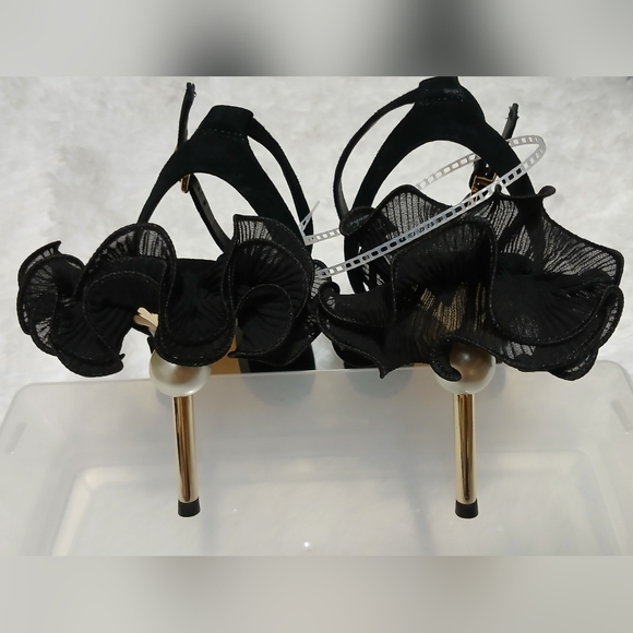 Black Suede Ankle Strap Dress Pumps with 3.5" gold-tone heels & ruffle detail - Picture 3 of 11